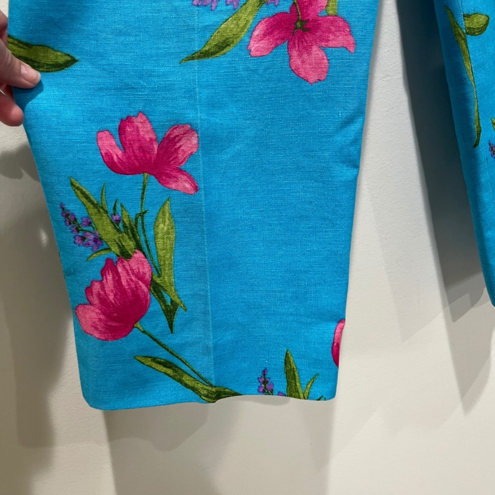 Vtg Talbots Pants Womens Sz 8 Blue Floral Linen Wide Leg Cottage Resort Coastal - Picture 2 of 9